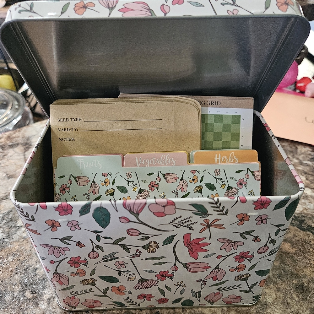 Floral Tin Garden Seed Oraganizer Box w/ Inserts, Record Cards, & Envelopes